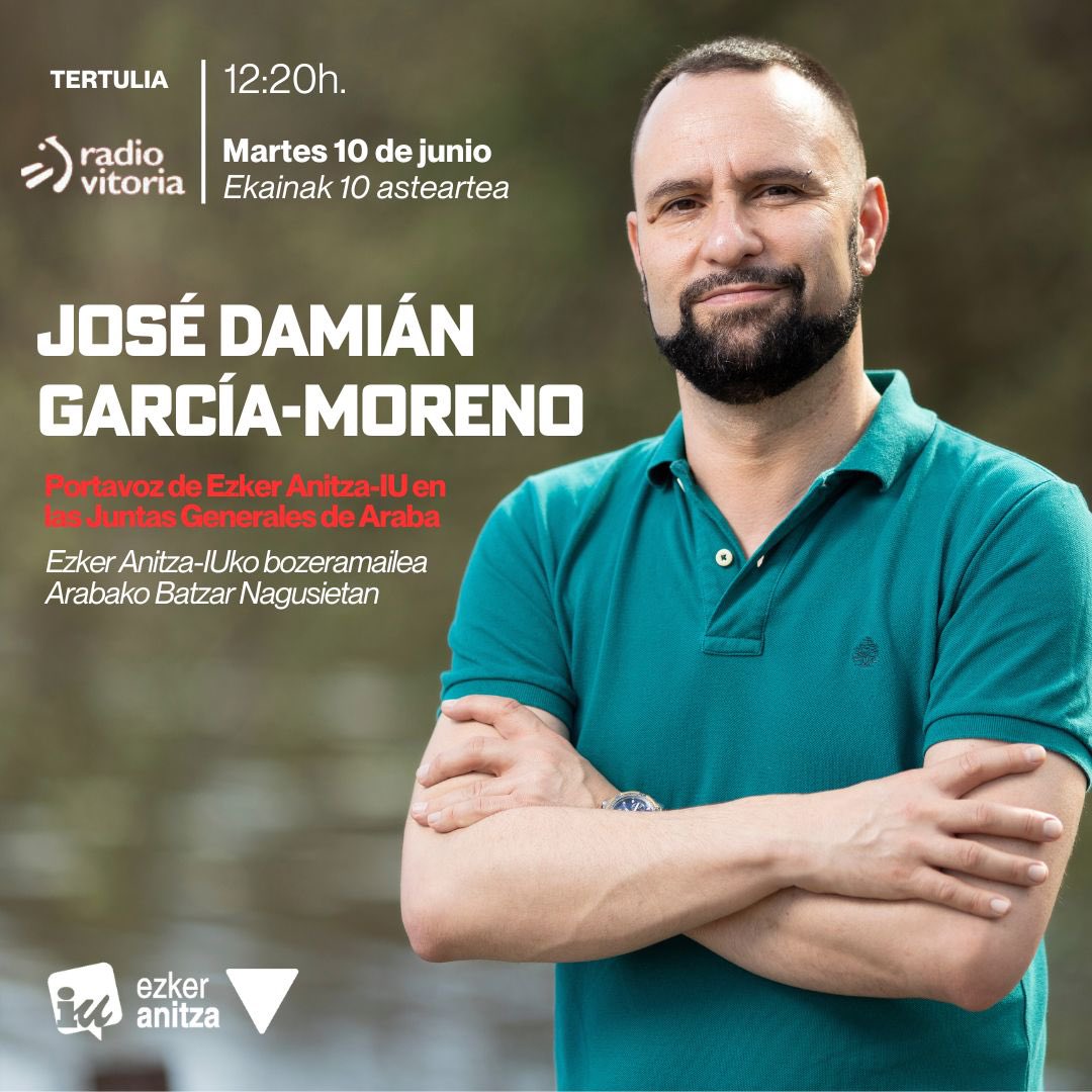 🎙Hoy martes, a partir de las 12:20, nuestro coordinador y portavoz en <a href="/jjggalava/">Arabako Batzar Nagusiak/Juntas Generales de Álava</a>, <a href="/josedamian1980/">José Damián García 🔻</a>, estará en la tertulia de <a href="/radio_vitoria/">Radio Vitoria</a>. 
📻 104.1 FM y eitb.eus/es/nahieran/ra… 
¡No te la pierdas!