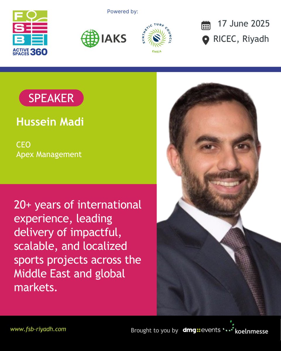 🚨We are excited to announce that Hussein Madi will be speaking at ActiveSpaces 360, powered by IAKS International and ESTC (EMEA Synthetic Turf Council) , hosted at FSB Sports Show Riyadh – the leading event for sports and recreational infrastructure in the Kingdom! 🏟️

Attend