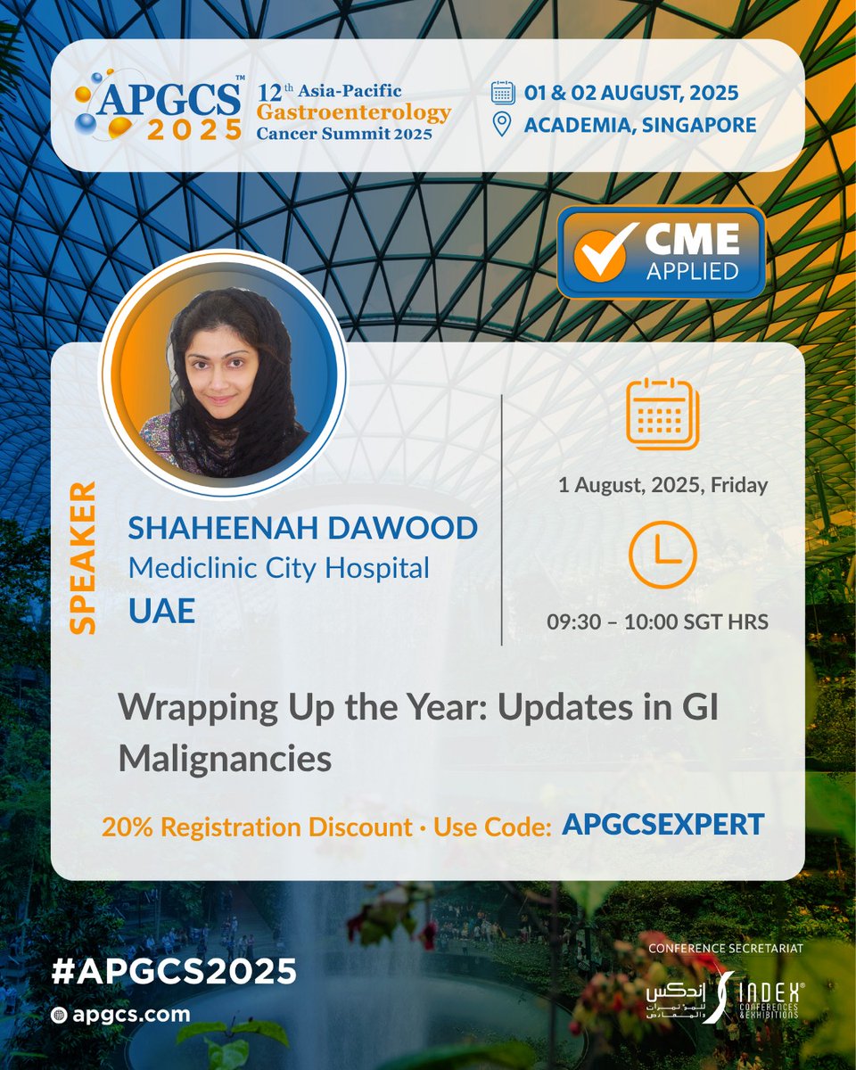 What were the top advances in GI oncology this year?

Join us at #APGCS2025 as Dr. Shaheenah Dawood (Mediclinic City Hospital, UAE) delivers a keynote on Updates in GI Malignancies.

🗓️ 1 Aug (Fri) | ⏰ 09:30–10:00 SGT

🎟️ Promo code valid till 30 June 2025 – register now!