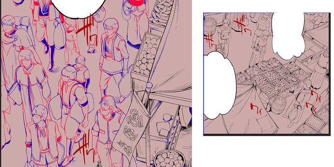 モブシーンをちまちまと……
いつも線画終わったぐらいに「あ、しまった もっと広く大きく描いておいて、今後使いまわしをしやすくしておけばよかった・・・」とか思う 