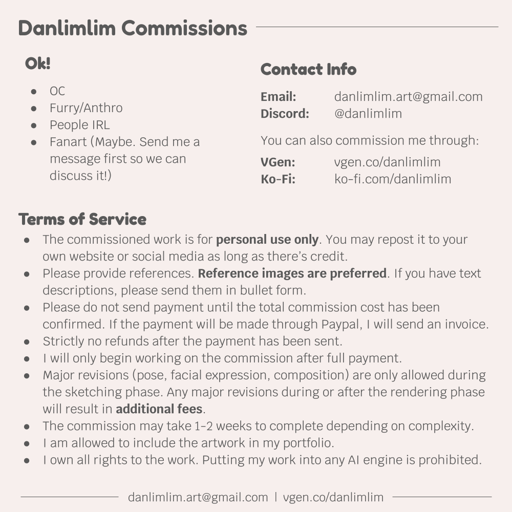 danlimlim's tweet photo. [RTs 💖]

✨Commissions are open!✨ 
I have a few slots available on #VGen and Ko-fi. If you're interested feel free to send me a message through DMs or email! Links will be in the replies 🫣

#commissionsopen #artcomms https://t.co/RLQoZ3Dz9z
