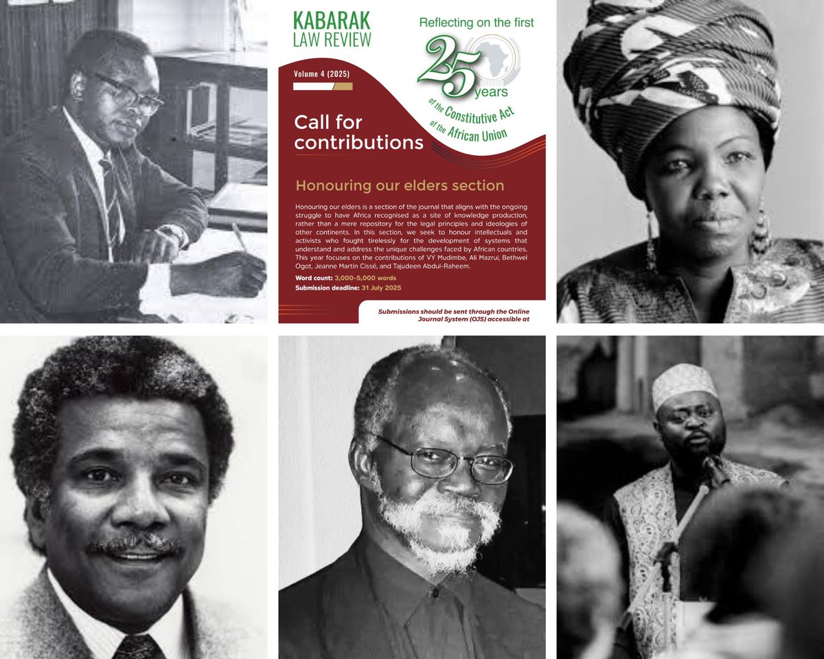 📢 Reminder: Submit to Kabarak Law Review Vol. 4 (2025)  Honouring Our Elders section. This year honours V.Y. Mudimbe, Ali Mazrui, Bethwel Ogot, Jeanne Martin Cissé &amp; Tajudeen Abdul-Raheem. Word count: 3,000–5,000. Deadline: 31 July 2025. Submit: journals.kabarak.ac.ke/index.php/klr/…