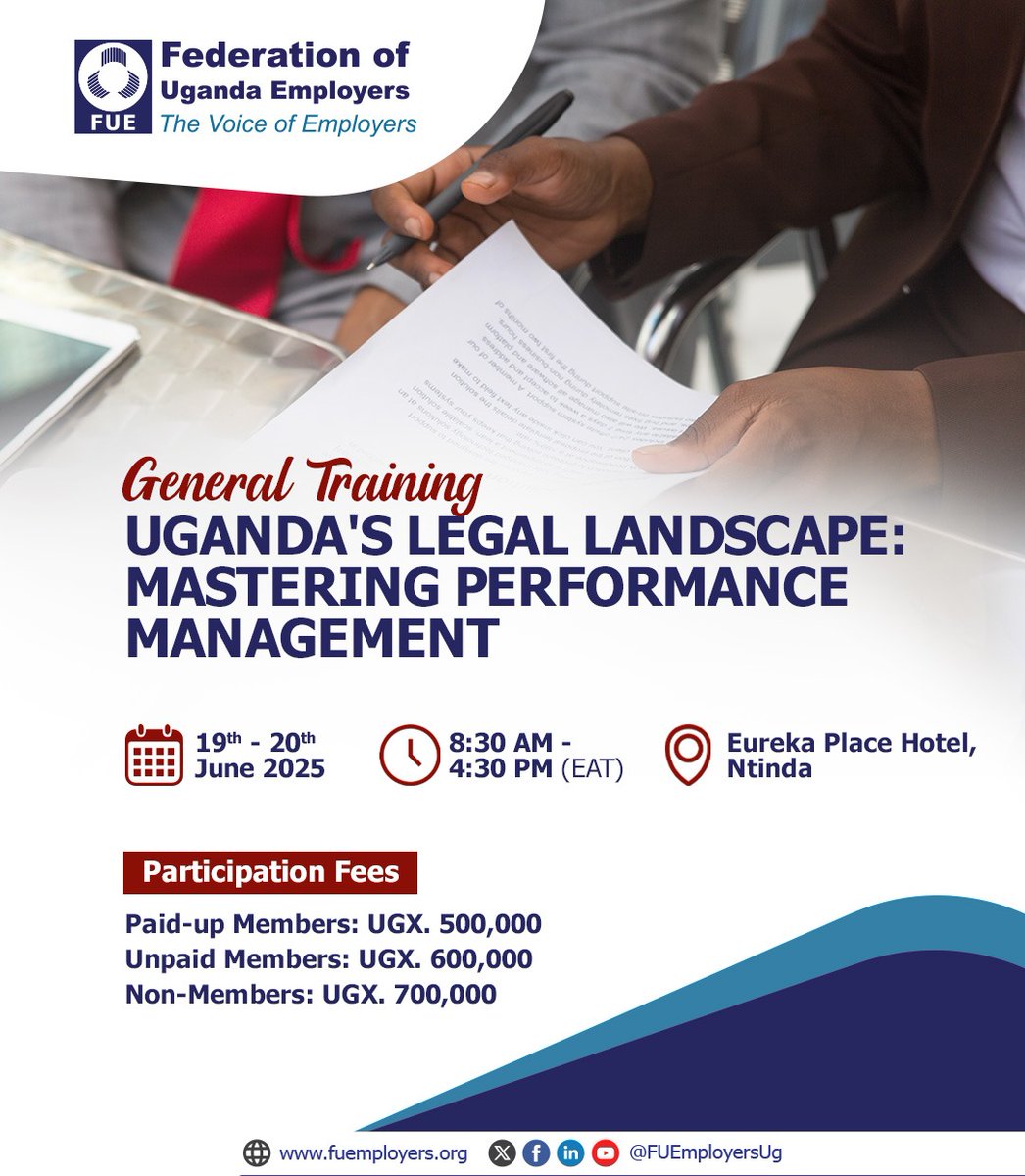 In the evolving labour market, performance management is a critical aspect of work operations that significantly impacts business growth.Join us for an enlightening training on, 'Uganda's Legal Landscape: Mastering Performance Management'.Don't miss!
#TogetherforEmployers