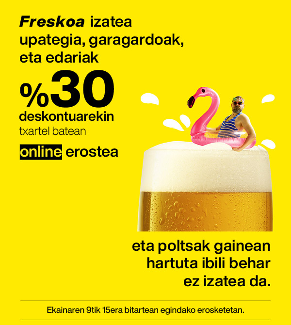 Ekainaren 9 eta 15 bitartean, % 30eko deskontuaz gozatuko dute beherapen-txartel batean upategi, garagardo eta edarietan* egindako erosketetan. tinyurl.com/27ehx8mb