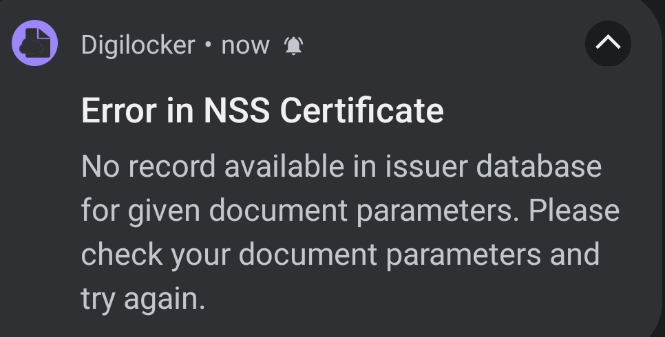 Aditii020's tweet image. For NSS 2024, we were instructed to download the certificate from DigiLocker, but it’s showing &quot;No record available.&quot; I urgently need it for my PG admission. Please help resolve this issue.@IndiaNSS @mygovindia @digilocker_ind @ugc_india @EduMinOfIndia
#NSS2024 #DigiLockerIssue