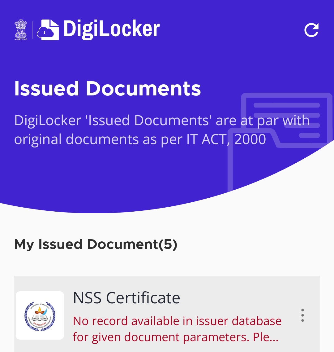 Aditii020's tweet image. For NSS 2024, we were instructed to download the certificate from DigiLocker, but it’s showing &quot;No record available.&quot; I urgently need it for my PG admission. Please help resolve this issue.@IndiaNSS @mygovindia @digilocker_ind @ugc_india @EduMinOfIndia
#NSS2024 #DigiLockerIssue