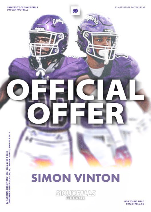 SimonVinton's tweet image. Super thankful to receive a offer from @USFCougarsFB after a great @GoJacksFB camp. Thank you to all of the coaching staff for believing in me! @Coach_Boes @CoachCapUSF @CoachGDutcher