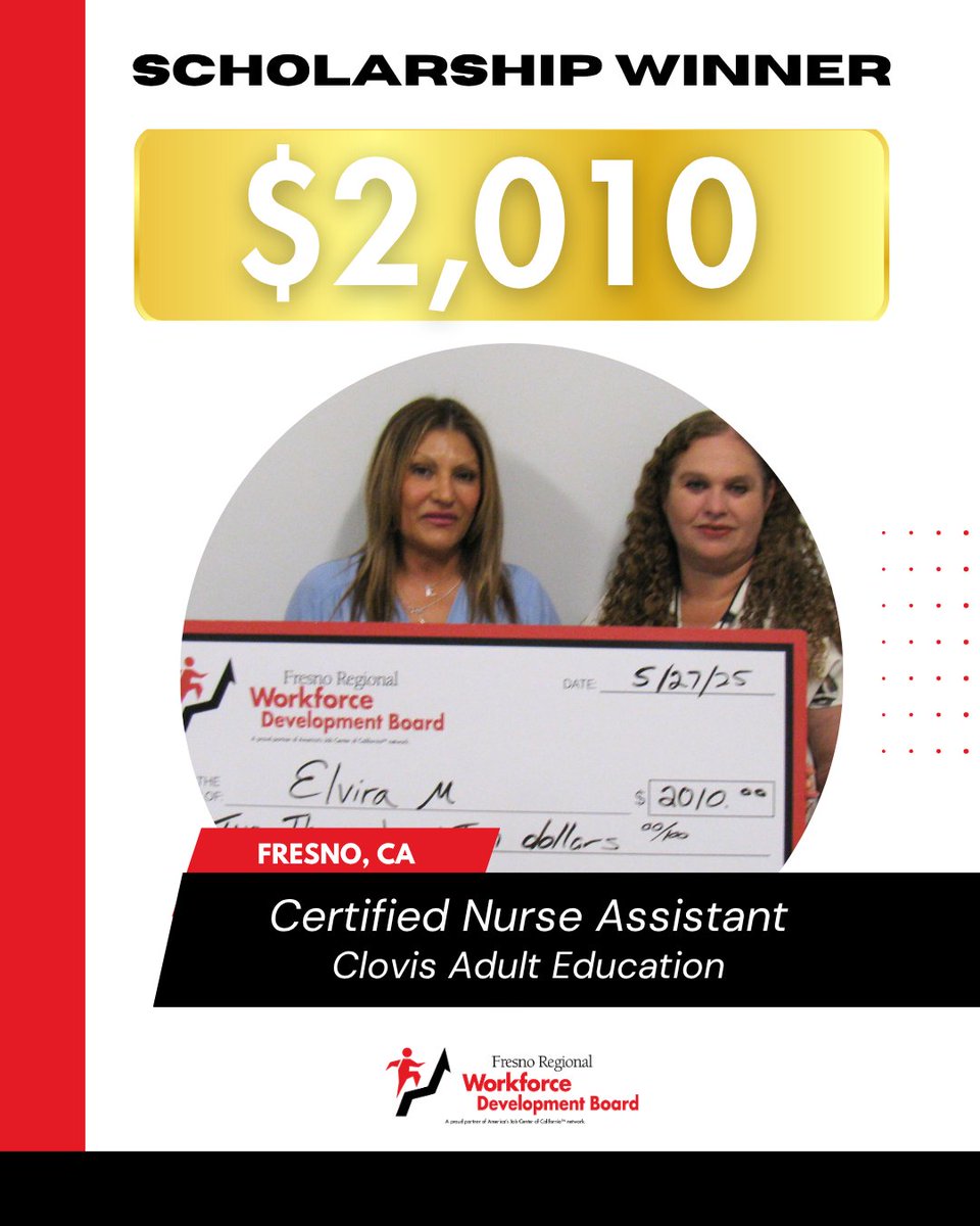 🎉 Congrats to Elvira Madrigal from Fresno!
She’s received a $2,010 scholarship to train as a Certified Nurse Assistant at Clovis Adult Education! 🩺📚 Wishing you all the best on your healthcare journey! 👏 #ScholarshipSuccess #CNA #ClovisAdultEducation