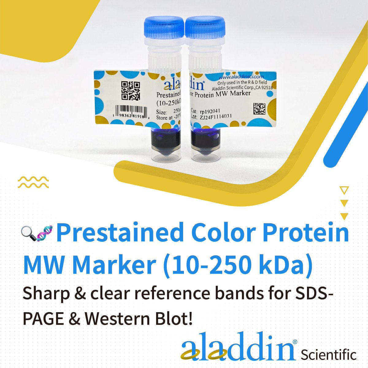 🎨 Prestained Color Protein MW Marker (10-250 kDa) – Sharp &amp; clear reference bands for SDS-PAGE &amp; Western Blot! Ready-to-use for precise protein sizing.

Order now at Aladdin Scientific: aladdinsci.com

#ProteinMarker #WesternBlot #SDSPAGE #MolecularWeight