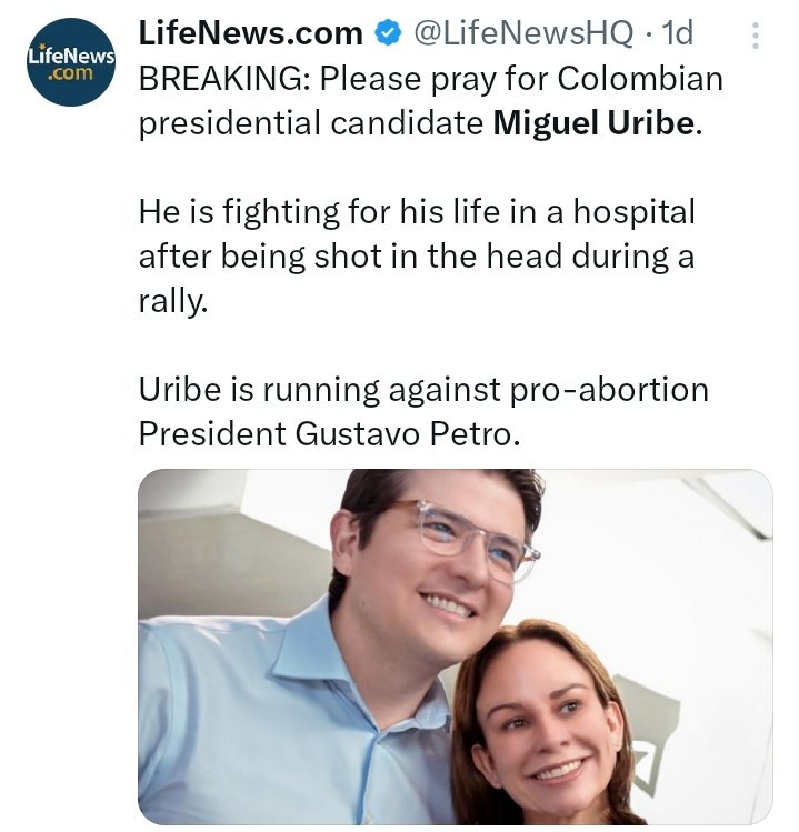 ProvidaC0L's tweet photo. Por favor, oren por el candidato presidencial colombiano @MiguelUribeT Está luchando por su vida en un hospital tras recibir un disparo en la cabeza durante un discurso. Uribe se enfrenta al presidente @petrogustavo partidario del aborto.
@LifeNewsHQ #ColombiaProVida 🇨🇴🩵 https://t.co/4zhHqTiWzK