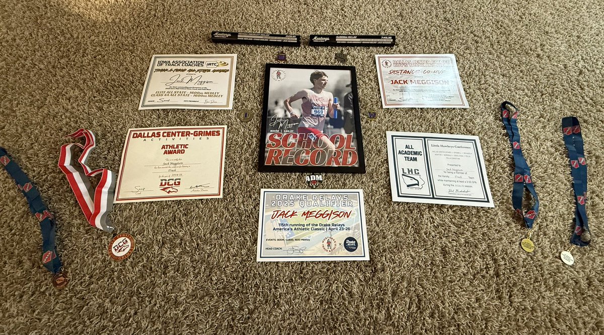 2025 Track &amp; Field: 

• Sportsmanship Award - voted by teammates

• Distance Co-MVP

• 800 school record : 1:52.27 

• Academic All Conference 

• 2 relays school record batons (Distance Med, 4x800) 

• Distance Med: Class 4A All-State and Elite All-State (all classes)