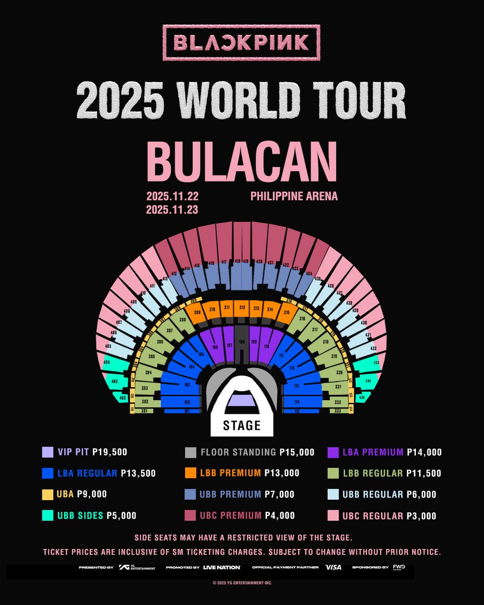 livenationph's tweet photo. BLINK, the moment has arrived! 🖤💗

The Weverse BLINK MEMBERSHIP(GLOBAL) Presale for BLACKPINK WORLD TOUR <DEADLINE> IN BULACAN is happening TODAY, June 10, from 11AM to 11:59PM!

⚠️ Please note: We’ve released an updated seat map. The additional sections may come with a restricted view of the stage. Make sure you’re viewing the latest version before buying your tickets.

📅 November 22 & 23, 2025 
📍 Philippine Arena

More info at https://t.co/TFXFfjw9Mh

 #BLACKPINK #블랙핑크 #WORLDTOUR #DEADLINE #DEADLINE_IN_BULACAN #YG