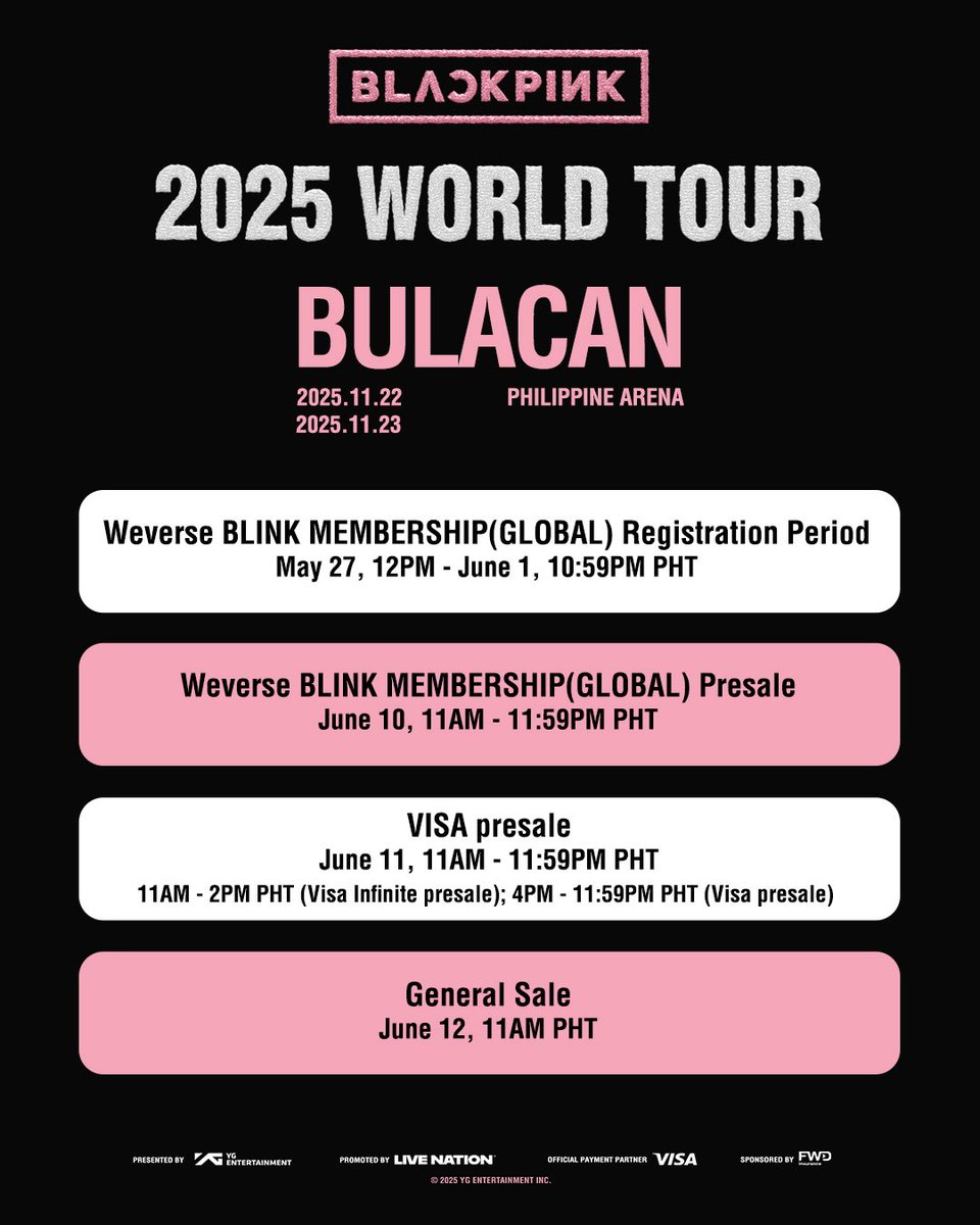 BLINK, the moment has arrived! 🖤💗

The Weverse BLINK MEMBERSHIP(GLOBAL) Presale for BLACKPINK WORLD TOUR <DEADLINE> IN BULACAN is happening TODAY, June 10, from 11AM to 11:59PM!

⚠️ Please note: We’ve released an updated seat map. The additional sections may come with a