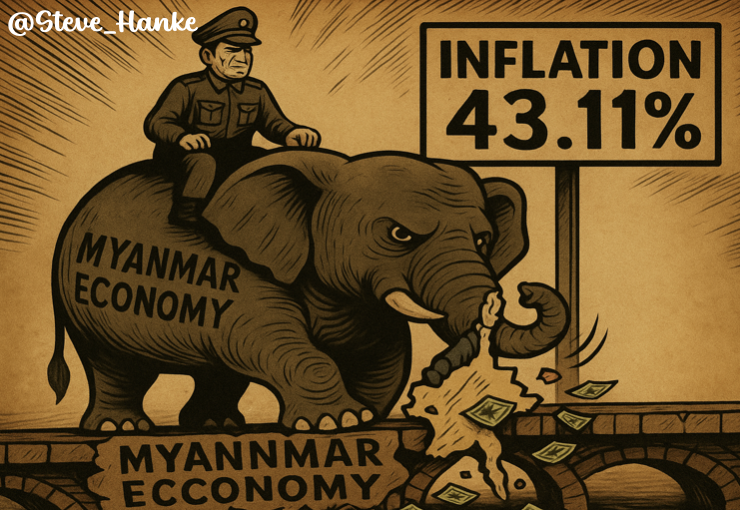 steve_hanke's tweet photo. #MyanmarWatch๐ฒ๐ฒ: Today Iย measureย Myanmarโs inflationย at a PUNISHING 43.11%/yr.
MILITARY RULE = INFLATIONARY RUIN. https://t.co/HpJT9Ig0M2