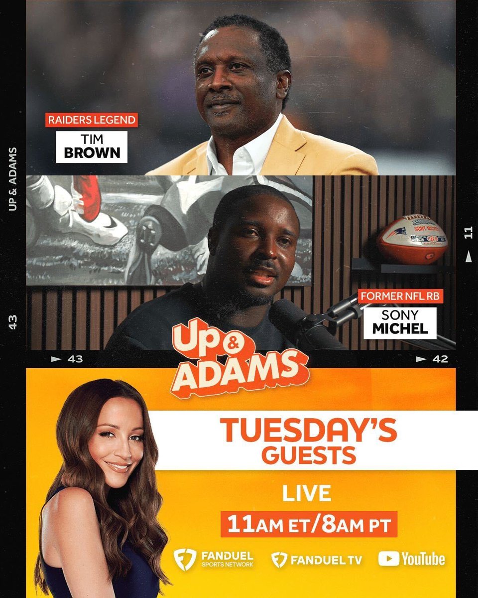 Raiders Legend Tim Brown and Former NFL RB Sony Michel tomorrow at 11am ET. 💪

<a href="/heykayadams/">Kay Adams</a> | #TimBrown x <a href="/Flyguy2stackz/">Sony Michel</a>