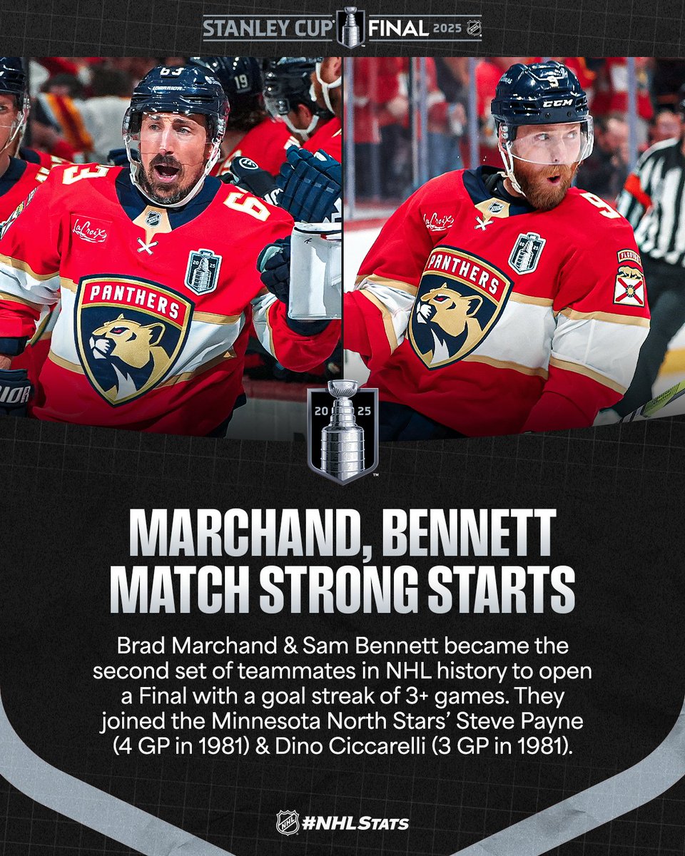 NHL Public Relations (@nhlpr) on Twitter photo Sam Bennett added to the <a href="/FlaPanthers/">x - Florida Panthers</a>' lead and joined Brad Marchand as the only players so far to score in all three games of the 2025 #StanleyCup Final.
๐บ๐ธ: <a href="/NHL_On_TNT/">NHLonTNT</a> & <a href="/SportsonMax/">Sports on Max</a> โก๏ธ max.com/sports/nhl
๐จ๐ฆ: <a href="/Sportsnet/">Sportsnet</a> or stream on Sportsnet+โก๏ธ watch.sportsnet.ca Sam Bennett added to the <a href="/FlaPanthers/">x - Florida Panthers</a>' lead and joined Brad Marchand as the only players so far to score in all three games of the 2025 #StanleyCup Final.
๐บ๐ธ: <a href="/NHL_On_TNT/">NHLonTNT</a> & <a href="/SportsonMax/">Sports on Max</a> โก๏ธ max.com/sports/nhl
๐จ๐ฆ: <a href="/Sportsnet/">Sportsnet</a> or stream on Sportsnet+โก๏ธ watch.sportsnet.ca