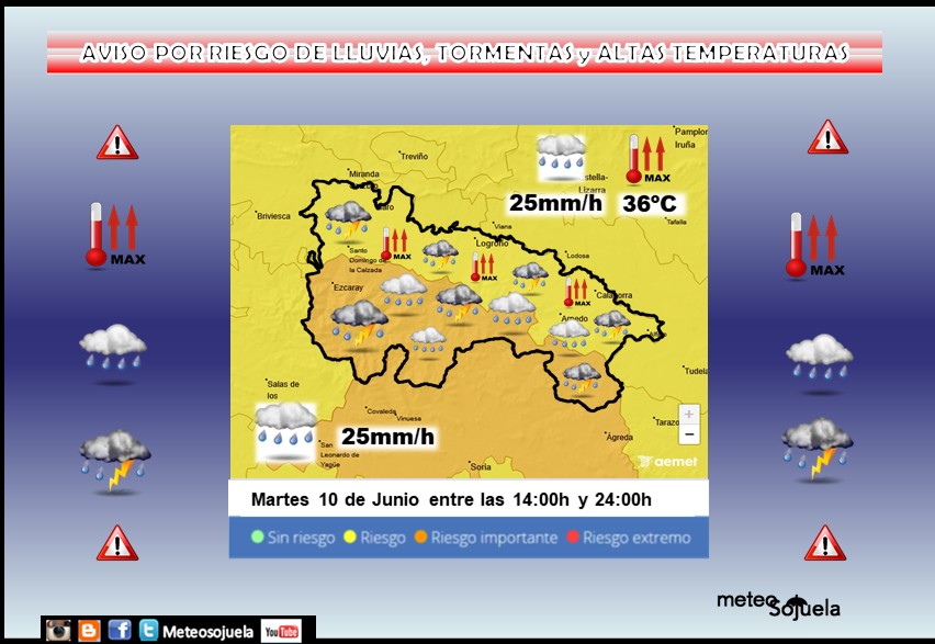 📆10/06/2025
😇San CENSURIO😇
#tiempo #hoy #LaRioja  
👉BOCHORNO y TORMENTAS⚡️
☁️NIEBLAS matinales. CALIMA
👉POCO NUBOSO al amanecer, quizás con ☁️alguna nube BAJA
Aumento de la nubosidad de 🌤️tipo MEDIO/ALTO al principio, y de🌤️ EVOLUCIÓN después, con  CHUBASCOS ☔️y TORMENTAS⚡️