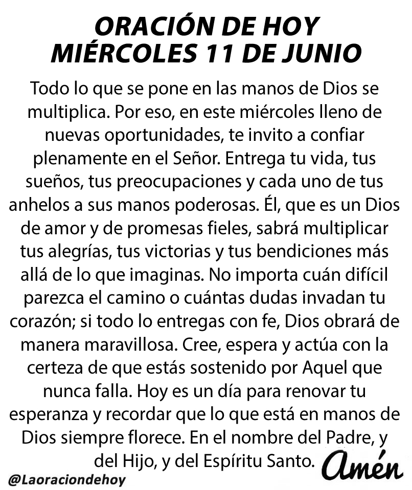 Oración diaria para hoy miércoles 11 de junio de 2025.