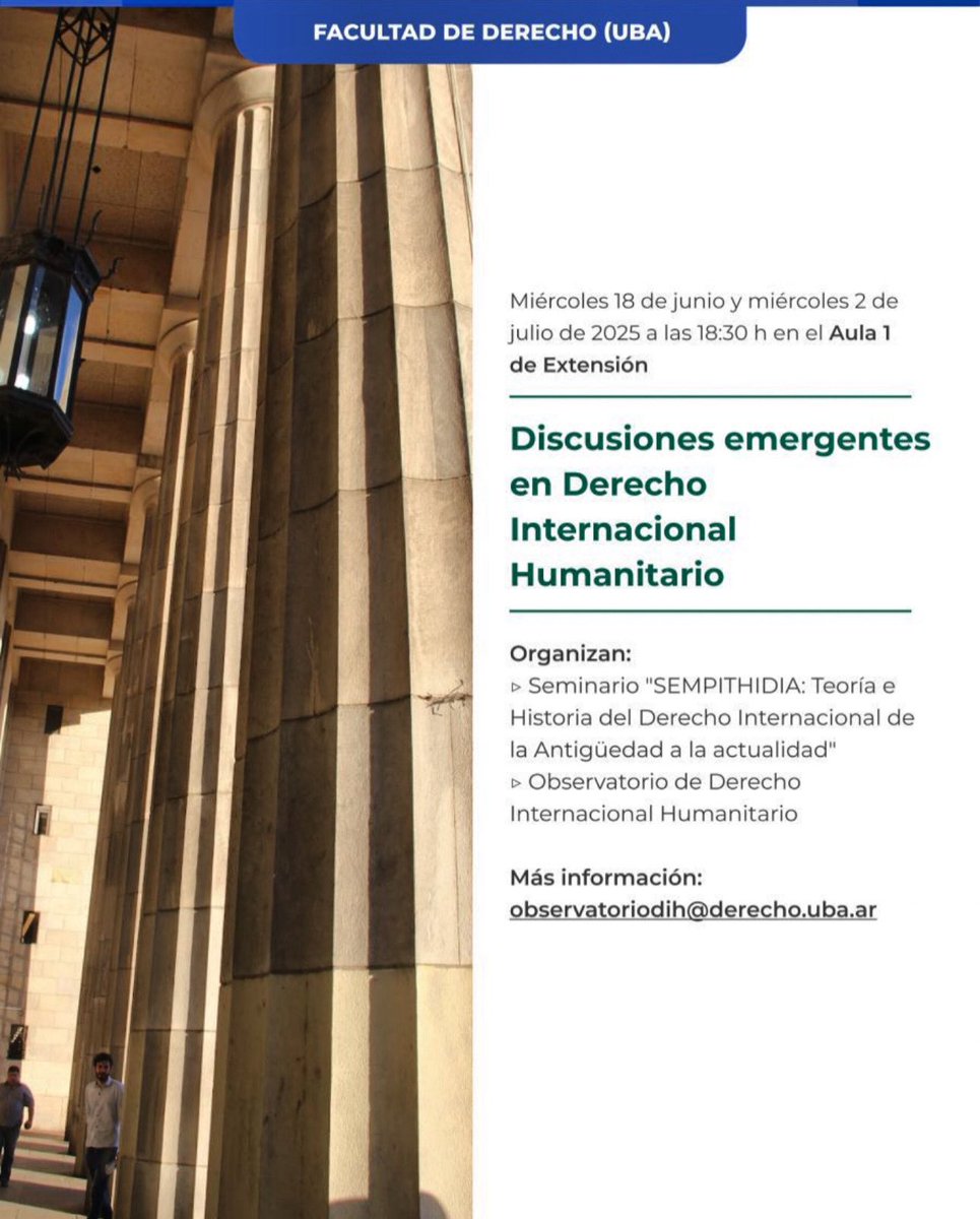 📣 Desde el <a href="/ObservaDIH_UBA/">Observatorio de Derecho Internacional Humanitario</a> y el el Seminario Permanente de Teoría e Historia del Derecho Internacional (SEMPITHIDIA) del <a href="/InstitutoGioja/">El Gioja</a> lanzamos este ciclo de debates sobre cuestiones actuales de #DIH. ¡Las/os esperamos! 😊