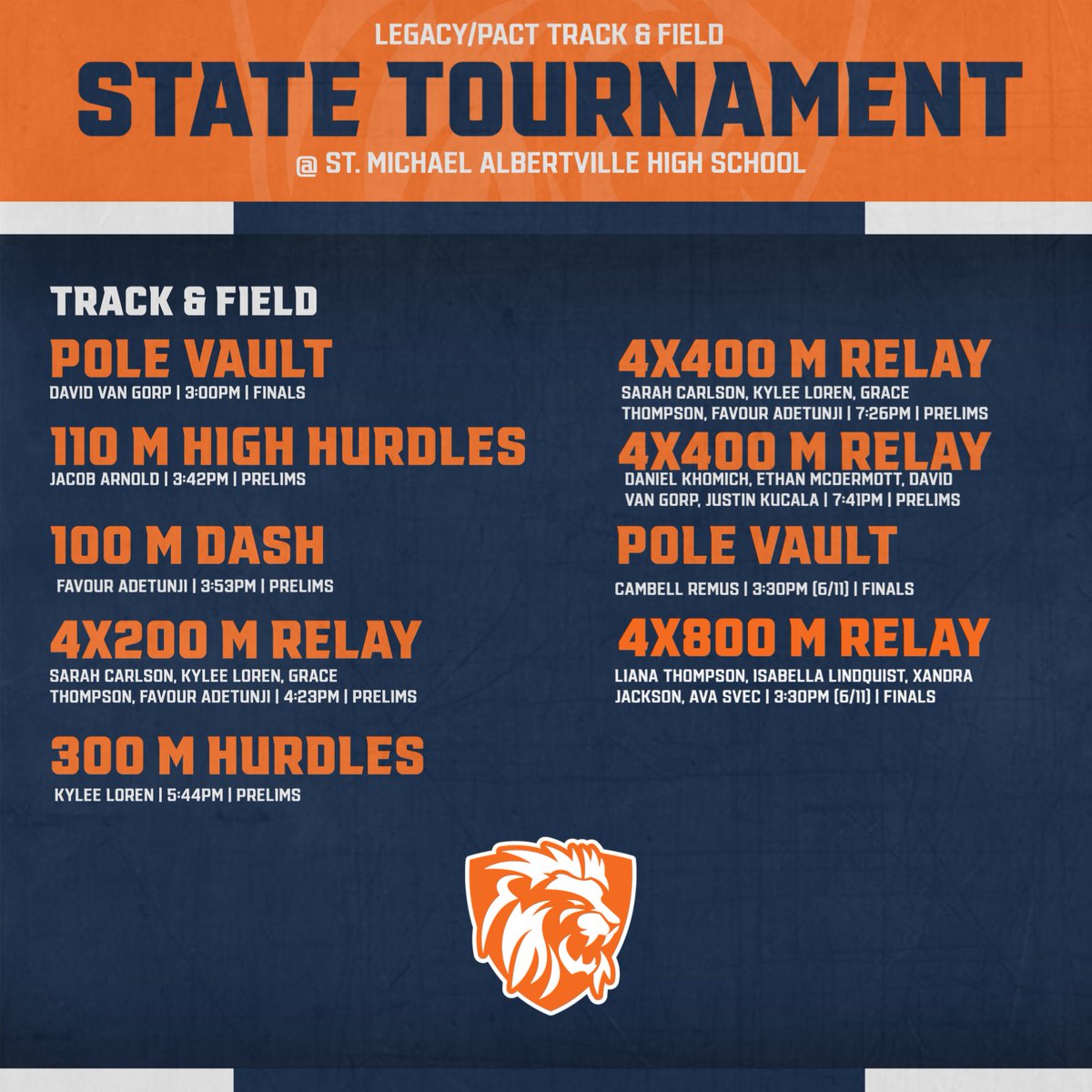 Track and Field has a full day of events tomorrow in the Class A State Tournament! Head out to St. Michael to show them your support!