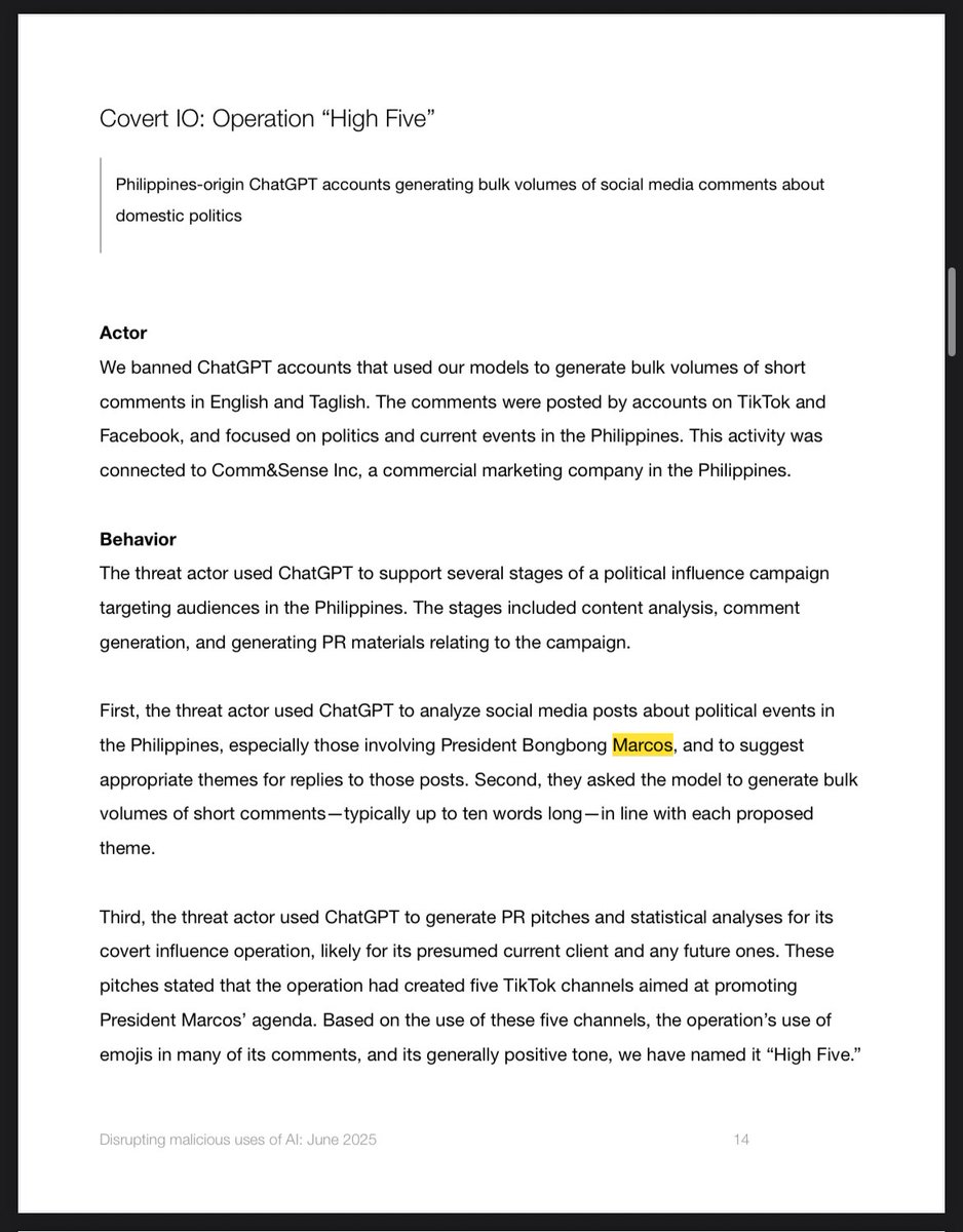 Here's another way ChatGPT is being used to fuel disinformation in the Philippines: malicious actors have been using the chatbot to generate troll comments supporting President Marcos Jr., according to <a href="/OpenAI/">OpenAI</a>. From <a href="/dexcabalzaINQ/">Dexter Cabalza</a>: technology.inquirer.net/142186/openai-…