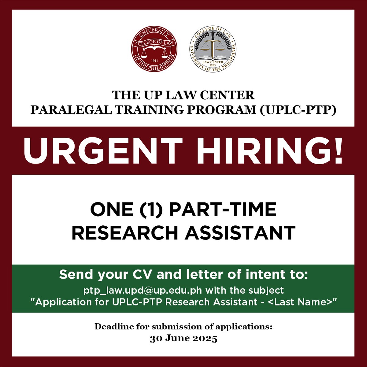 The UP Law Center Paralegal Training Program (UPLC-PTP) is accepting applications for the position of one (1) part-time Research Assistant.

Deadline for submission of applications is on 30 June 2025.

#UPCollegeofLaw #UPLCPTP #UPLaw #UPLawStudents