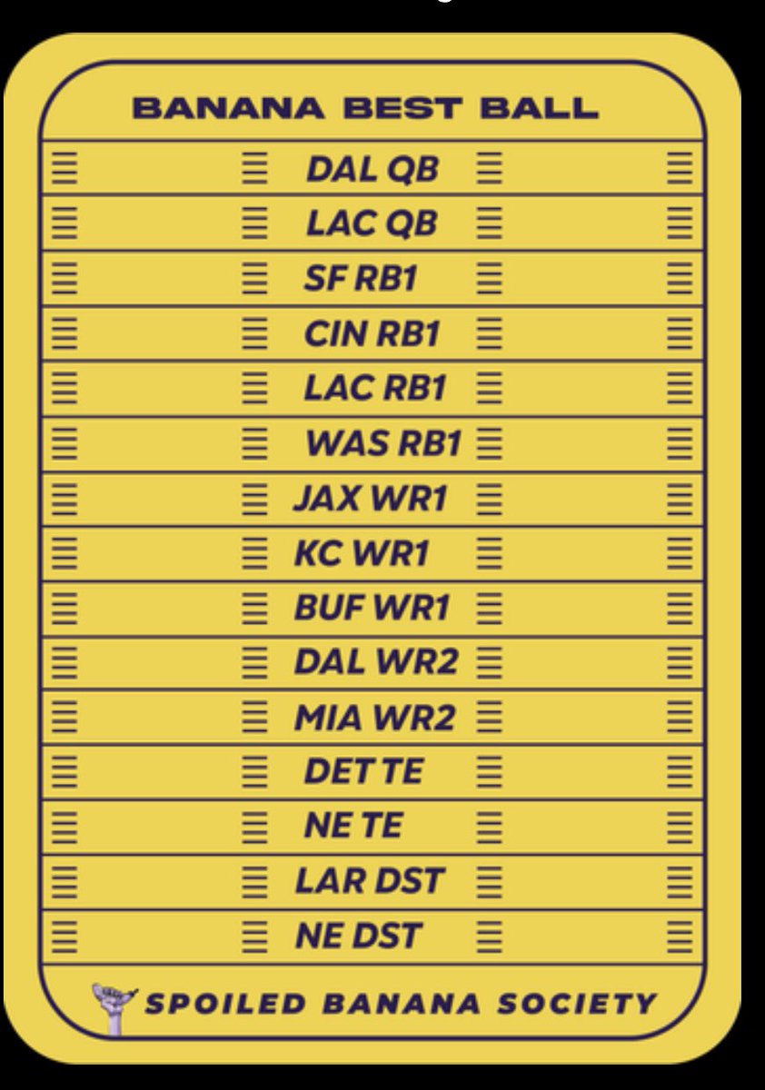 Huge shoutout to <a href="/SBSFantasy/">Spoiled Banana Society 🏈🍌</a> just finished my first of many best ball drafts and I’m already addicted

If you are into fantasy football and NFTs I’d highly recommend checking them out.

I’ll be selling this god squad NFT for 1eth later this season
