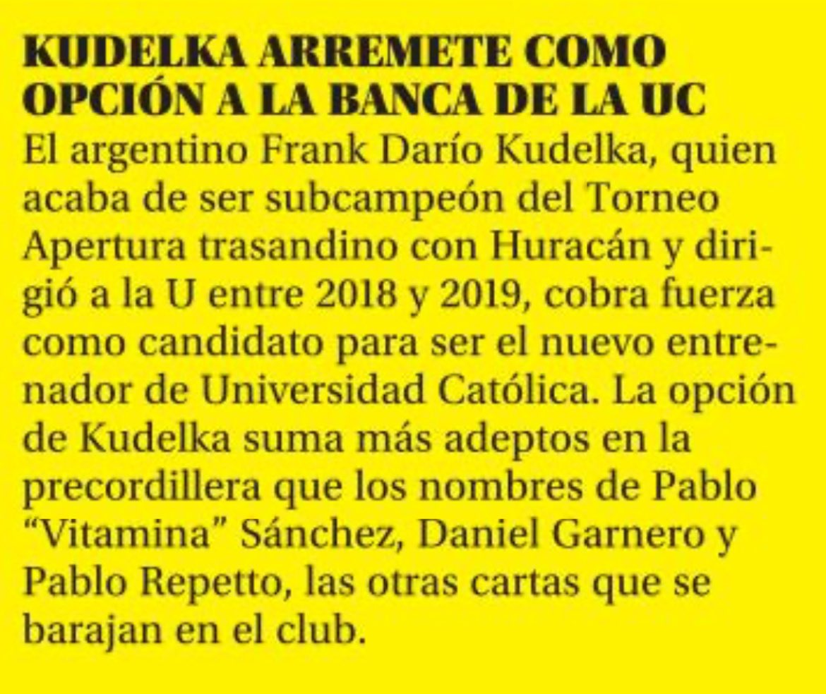 El Mercurio de mañana indica que Kudelka es el favorito para dirigir a la UC. Qué habrá pasado con Vitamina Sánchez, que llegó a Chile incluso con miembros de su equipo… #LosCruzados