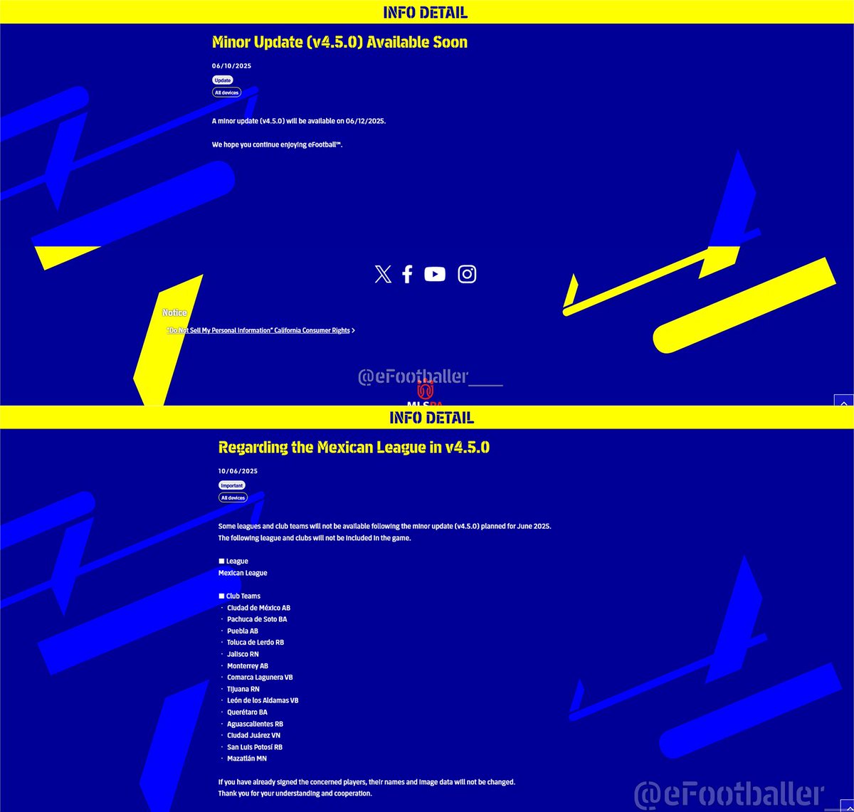 Konami annonce la mise à jour mineure 4.5.0 sur #eFootball ce jeudi 12 juin 🗓️

Il y aura également le retrait de la ligue et des clubs mexicains 🇲🇽