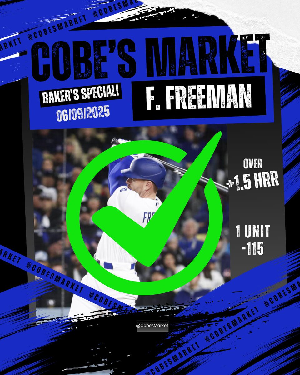 cobesmarket's tweet photo. 🎉THATS A WIN🎉
🥳The #Baker at Cobe's Market made a Monday Special!
⚾F. Freeman - O +1.5 HRR (1 unit @ -115)
🥐How did you like the #BakersSpecial?🍞
#espnbet #mlb #Dodgers #ladodgers⚾️ #dodgersbaseball #mlbprops #propplay #props #DraftKings #SportsBettingX #sportsbet https://t.co/jFCZOnBAeN