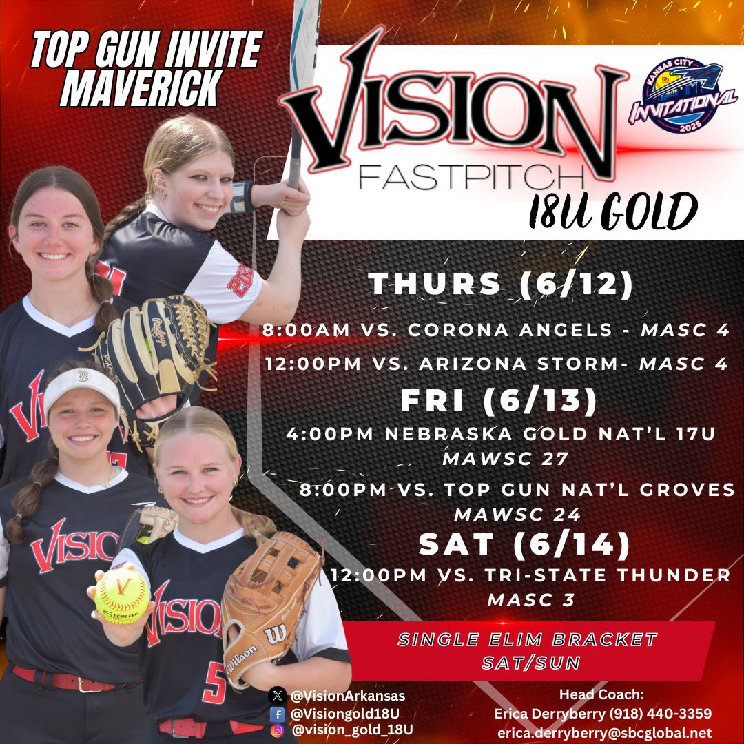VisionGold18U (@visionarkansas) on Twitter photo Up next: TOP GUN Invite Maverick! Ready to roll with this group again this week! <a href="/TopGunEvents/">Top Gun Events</a> <a href="/TGETalent/">Top Gun Events-Talent</a> <a href="/ExtraInningSB/">EXTRA INNING SOFTBALL</a> <a href="/SoftbalAmerica/">Softball America</a> <a href="/D1Softball/">D1Softball</a> <a href="/tagupSoftball/">tagup</a> Up next: TOP GUN Invite Maverick! Ready to roll with this group again this week! <a href="/TopGunEvents/">Top Gun Events</a> <a href="/TGETalent/">Top Gun Events-Talent</a> <a href="/ExtraInningSB/">EXTRA INNING SOFTBALL</a> <a href="/SoftbalAmerica/">Softball America</a> <a href="/D1Softball/">D1Softball</a> <a href="/tagupSoftball/">tagup</a>