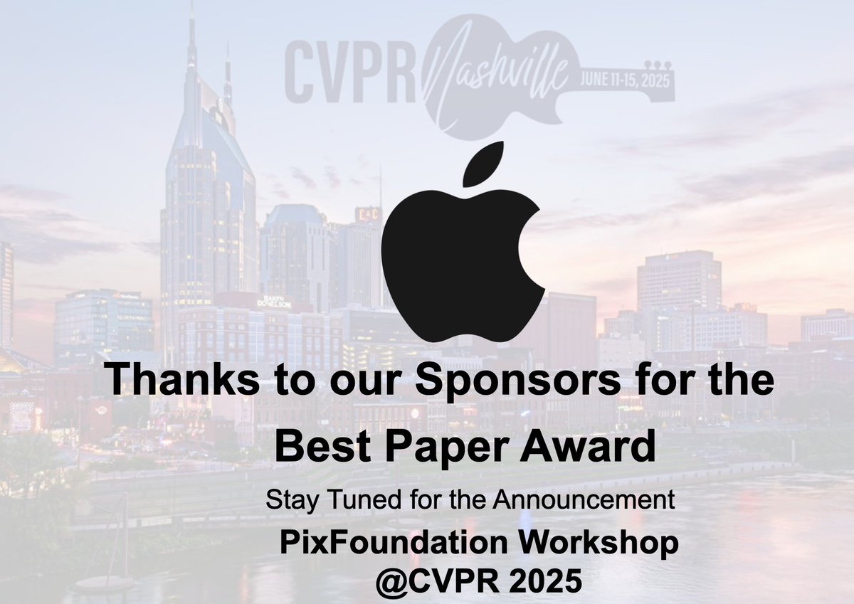 Thanks to our sponsor <a href="/Apple/">Apple</a> for sponsoring the Best Paper Award in <a href="/PixFoundationCV/">CVPR 2025 PixFoundation</a> in #CVPR2025. Stay tuned for the announcement at the end of our workshop on June 12th. For our accepted papers check: sites.google.com/view/pixfounda…