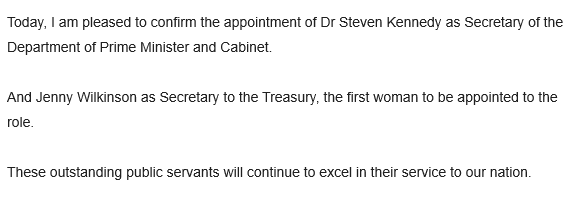 PM announcing shortly:

Steven Kennedy to replace Glyn Davis at PM&amp;C 

Jenny Wilkinson as the new Treasury Secretary