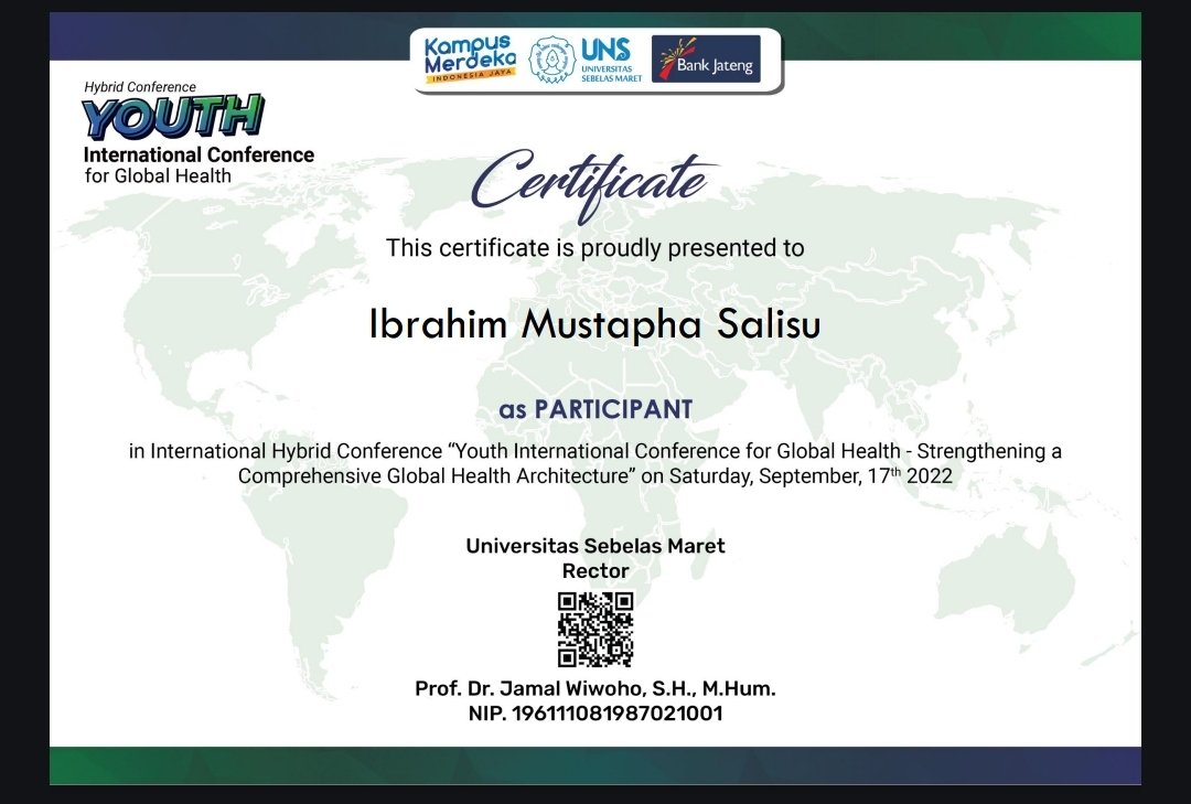 imstalent's tweet photo. MyLearningJourney Certificate 2
Youth International Conference for Global Health 2022

Hosted by @11MaretUniv, Indonesia 🇮🇩 
Delegate Representing Nigeria 🇳🇬 
Theme:
“Strengthening a Comprehensive Global Health Architecture to Realize World Collaboration in Facing a Pandemic.” https://t.co/hz0HTxWv0Y