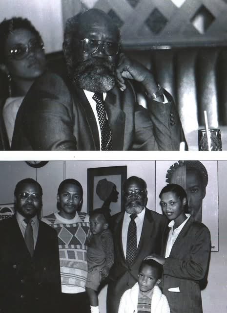 Legends Andimba Toivo ya Toivo and Hidipo Hamutenya with Umbi Karuaihe Upi, Kano Smith, Jackson Swartz, Madisa Smith. Detroit Michigan.1985. SWAPO USA tour following his release from Robben Island