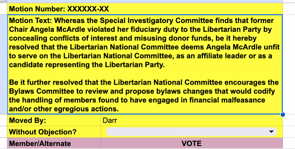 LNC kicks Angela McArdle's butt. 1) Making public adopted report; 2) There can/will be another report on convention &amp; credit cards; 3) We resolve  Angela is bad girl - see rest below... 4) We are gonna try to get some $$ back. (Went too fast for good screen grabs.)