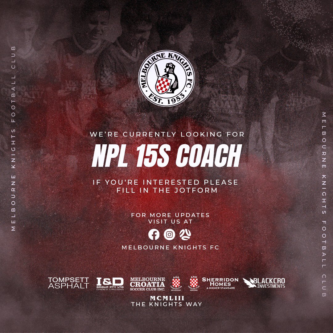 Looking for a head under 15s NPL Boys coach to join our coaching team. If you are interested, please fill in the jotform
form.jotform.com/242333929865871