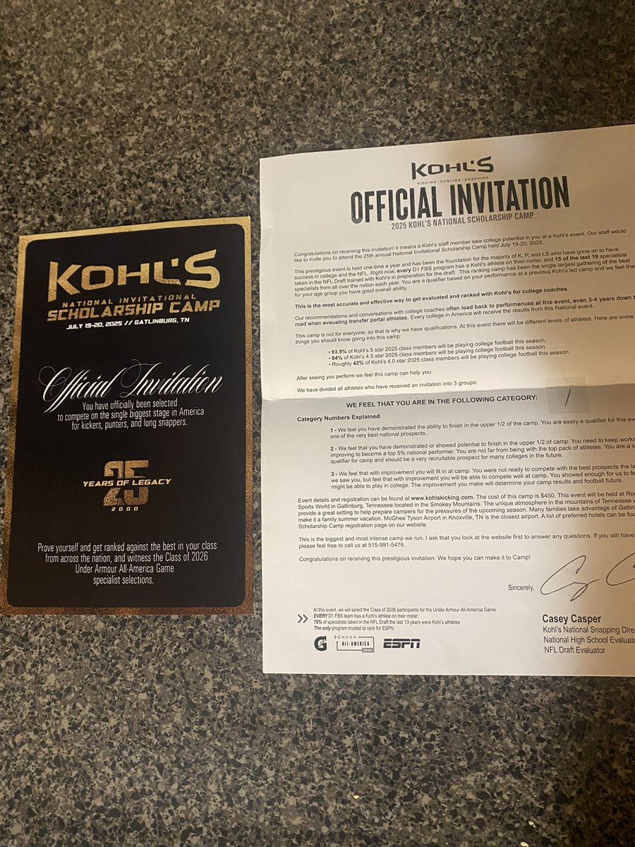 Thank you <a href="/Coach_Casper/">Coach Casey Casper</a> for the National Scholarship Camp invite! Excited to compete!!
<a href="/NolanOwenLS/">Nolan's Long Snapping</a> <a href="/coach_pasch_3rd/">John Pasch</a> <a href="/kyleakers/">Kyle Akers</a> <a href="/KohlsSnapping/">Kohl's Snapping Camps</a>