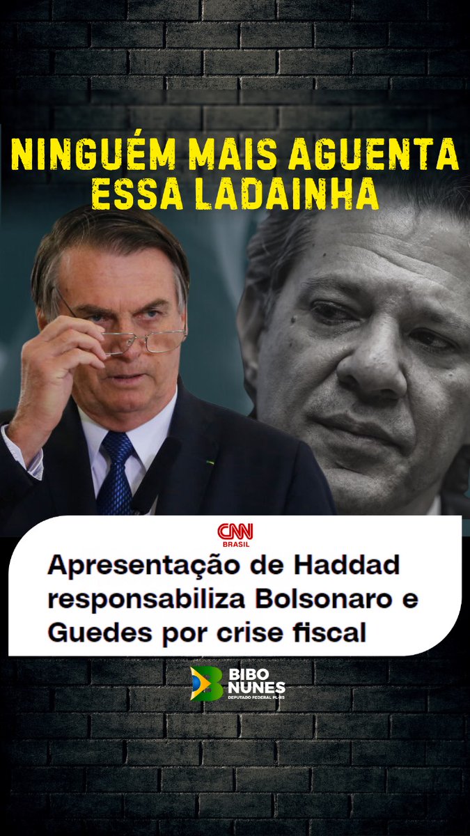 🔥 HADDAD CULPA O PASSADO PARA ESCONDER O FRACASSO DO PRESENTE!

Em vez de apresentar soluções, o ministro da Fazenda do DESGOVERNO prefere apontar o dedo para Bolsonaro e Paulo Guedes, tentando jogar sobre eles a culpa pela crise fiscal atual. Na prática, é mais um capítulo da