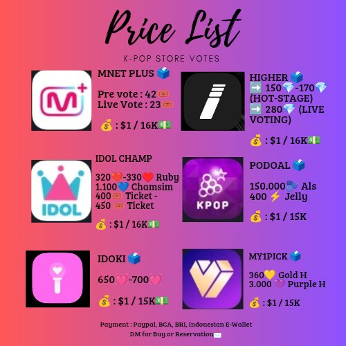 kpopstorevotes's tweet photo. AVAILABLE FOR SALE 📣‼️

✅ Open Reservation 
✅ Payment Before Vote
✅ No Cancel & Refund
✅ Testi #PROOFKPOPSTOREVOTES
💵 Paypal/BCA/BRI/SeaBank/E-Wallet Indonesian

DM for Buy or Reservation ✉️ 

🏷 jual sell sale wts wtb kpop jasa vote Mcountdown | Podoal | Idol Champ | Higher | Whosfan | Bigc | My1pick |