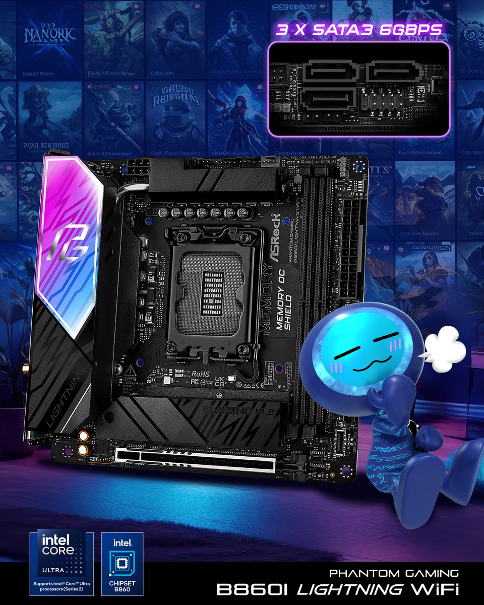 This little powerhouse devours games like ARKY at a buffet! 

The #PhantomGaming B860I Lightning WiFi, with 3 SATA3 ports, let you expand your game library &amp; storage easily. Game on! 

#ASRock #B860 #ReadyToGame #AMD <a href="/AMD/">AMD</a>