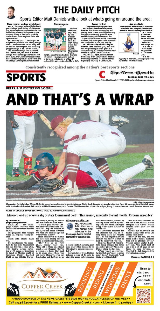 News-Gazette Preps (@ngpreps) on Twitter photo Tuesday's N-G sports cover features <a href="/JoeyWright2000/">Joey Wright</a> on <a href="/BaseballMaroons/">Maroons Baseball</a>' super-sectional loss to Triad in Decatur, plus <a href="/mdaniels_NG/">Matt Daniels</a>'s Daily Pitch.
<a href="/APSE_sportmedia/">APSE</a>
<a href="/ngphotostaff/">News-Gazette Photo</a> Tuesday's N-G sports cover features <a href="/JoeyWright2000/">Joey Wright</a> on <a href="/BaseballMaroons/">Maroons Baseball</a>' super-sectional loss to Triad in Decatur, plus <a href="/mdaniels_NG/">Matt Daniels</a>'s Daily Pitch.
<a href="/APSE_sportmedia/">APSE</a>
<a href="/ngphotostaff/">News-Gazette Photo</a>