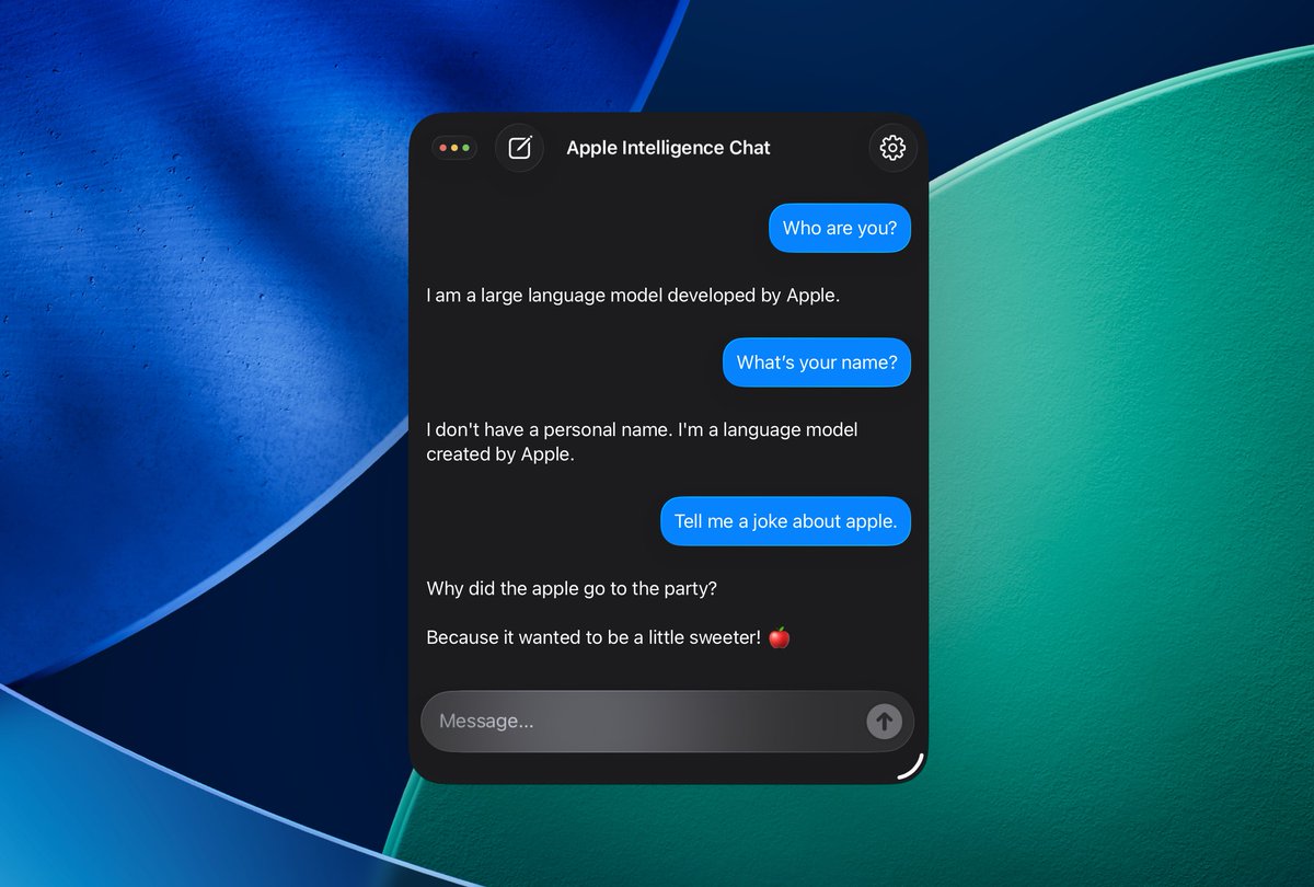 Here's the open source repo for Apple Intelligence Chat 🚀. It uses the new Foundation Models Framework to let you chat offline with the Apple Intelligence model on iOS 26 - complete with a Liquid Glass UI. Link in 🧵