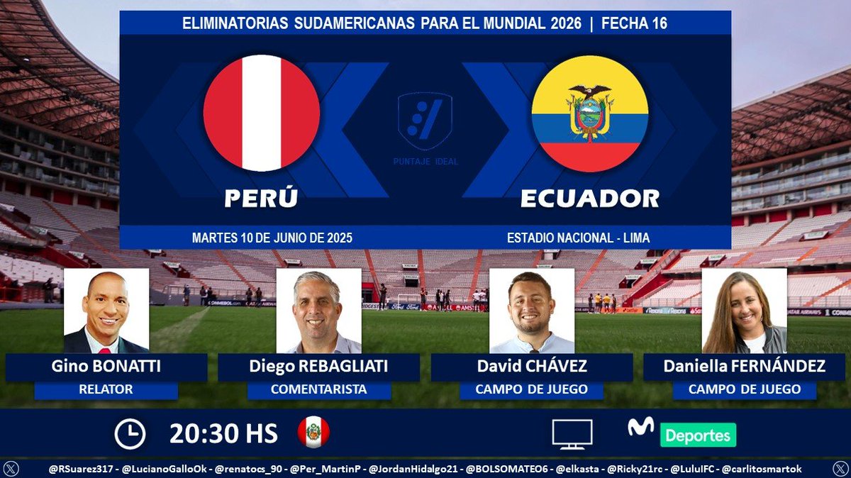 Puntaje Ideal (@puntaje_ideal) on Twitter photo ⚽ #EliminatoriasSudamericanas | 🇵🇪 #Perú vs. #Ecuador 🇪🇨
🎙 Relator: <a href="/BonattiDi/">Gino Bonatti Dietz</a>
🎙 Comentarista: <a href="/diegoreba22/">Diego Rebagliati</a>
🎙 Campo de juego: <a href="/davidchavez64/">David Chavez</a> - <a href="/danifernandezva/">Daniella Fernández Vassallo</a>
📺 <a href="/MovistarDeporPe/">Movistar Deportes</a> 🇵🇪
🤳 #ClasificatoriasXMDeportes
Dale RT 🔃 ⚽ #EliminatoriasSudamericanas | 🇵🇪 #Perú vs. #Ecuador 🇪🇨
🎙 Relator: <a href="/BonattiDi/">Gino Bonatti Dietz</a>
🎙 Comentarista: <a href="/diegoreba22/">Diego Rebagliati</a>
🎙 Campo de juego: <a href="/davidchavez64/">David Chavez</a> - <a href="/danifernandezva/">Daniella Fernández Vassallo</a>
📺 <a href="/MovistarDeporPe/">Movistar Deportes</a> 🇵🇪
🤳 #ClasificatoriasXMDeportes
Dale RT 🔃