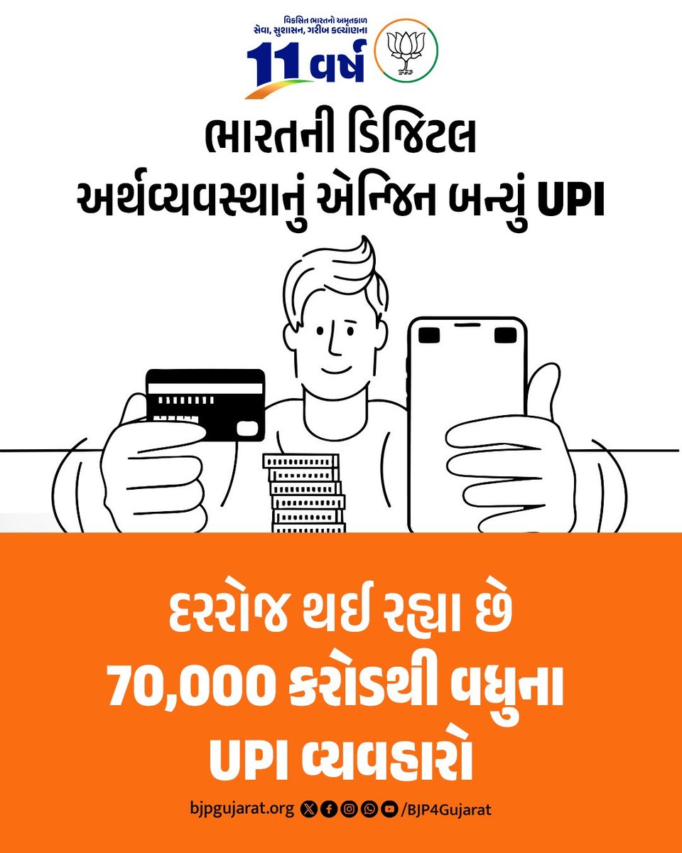 a_digvijaysinh's tweet image. દરરોજ થઈ રહ્યા છે 70,000 કરોડ રૂપિયાથી વધુના UPI વ્યવહારો

#11YearsOfSeva