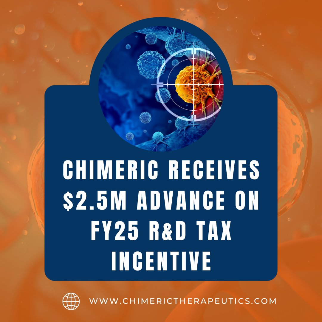 Chimeric Therapeutics ASX: CHM (@chimeric) on Twitter photo We've secured a $2.5 million advance from Endpoints Capital, under a funding facility secured against our anticipated FY25 Research and Development Tax Incentive. The funds will support our clinical trial pipeline and general working capital.
More: app.sharelinktechnologies.com/announcement/a… $CHM We've secured a $2.5 million advance from Endpoints Capital, under a funding facility secured against our anticipated FY25 Research and Development Tax Incentive. The funds will support our clinical trial pipeline and general working capital.
More: app.sharelinktechnologies.com/announcement/a… $CHM
