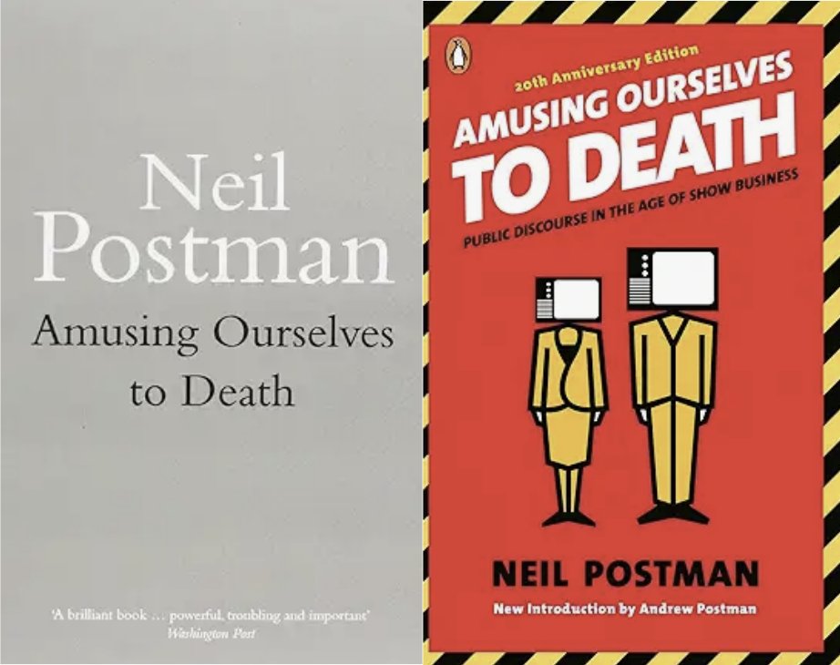 MelancholyYuga's tweet image. the original and updated covers of Amusing Ourselves to Death offer a poignant meta-commentary on the book's thesis