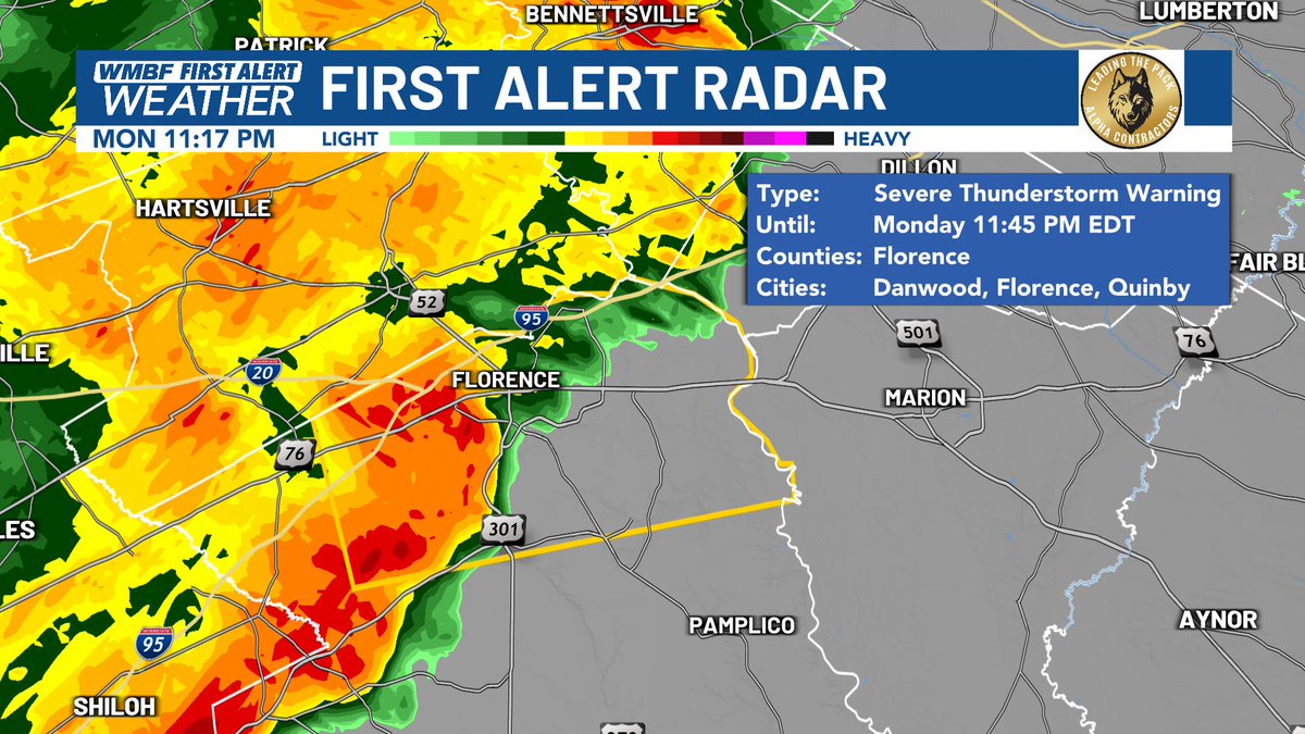 11:17 PM A SEVERE THUNDERSTORM WARNING has been issued for Florence County, wind gusts up to 60 mph as well as penny sized hail within this storm. #scwx <a href="/wmbfnews/">WMBF News</a>