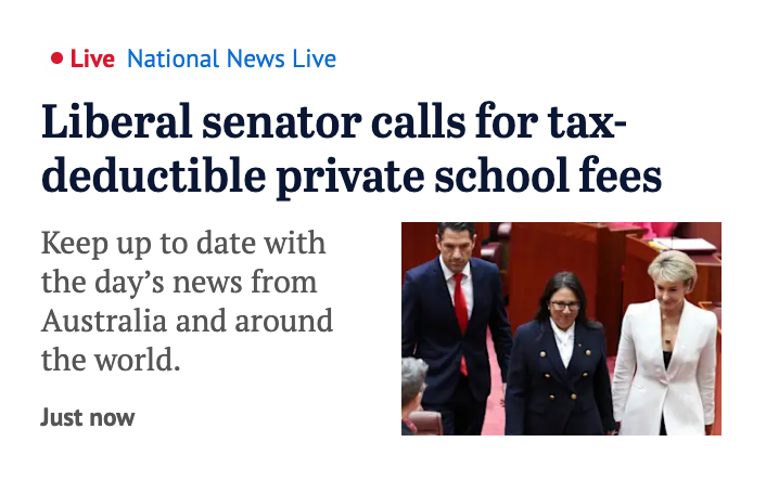 aaronsmith's tweet photo. Liberal logic:

> Rich family pays $35K in private school fees
> Gets $15K back as a tax deduction
> School still gets $5K in public funding

Taxpayer contribution to one kid’s private education? ~$20K. More than a public school kid gets. 

Peak Liberal Logic: Subsidise the rich. https://t.co/6GMgWt9TxW